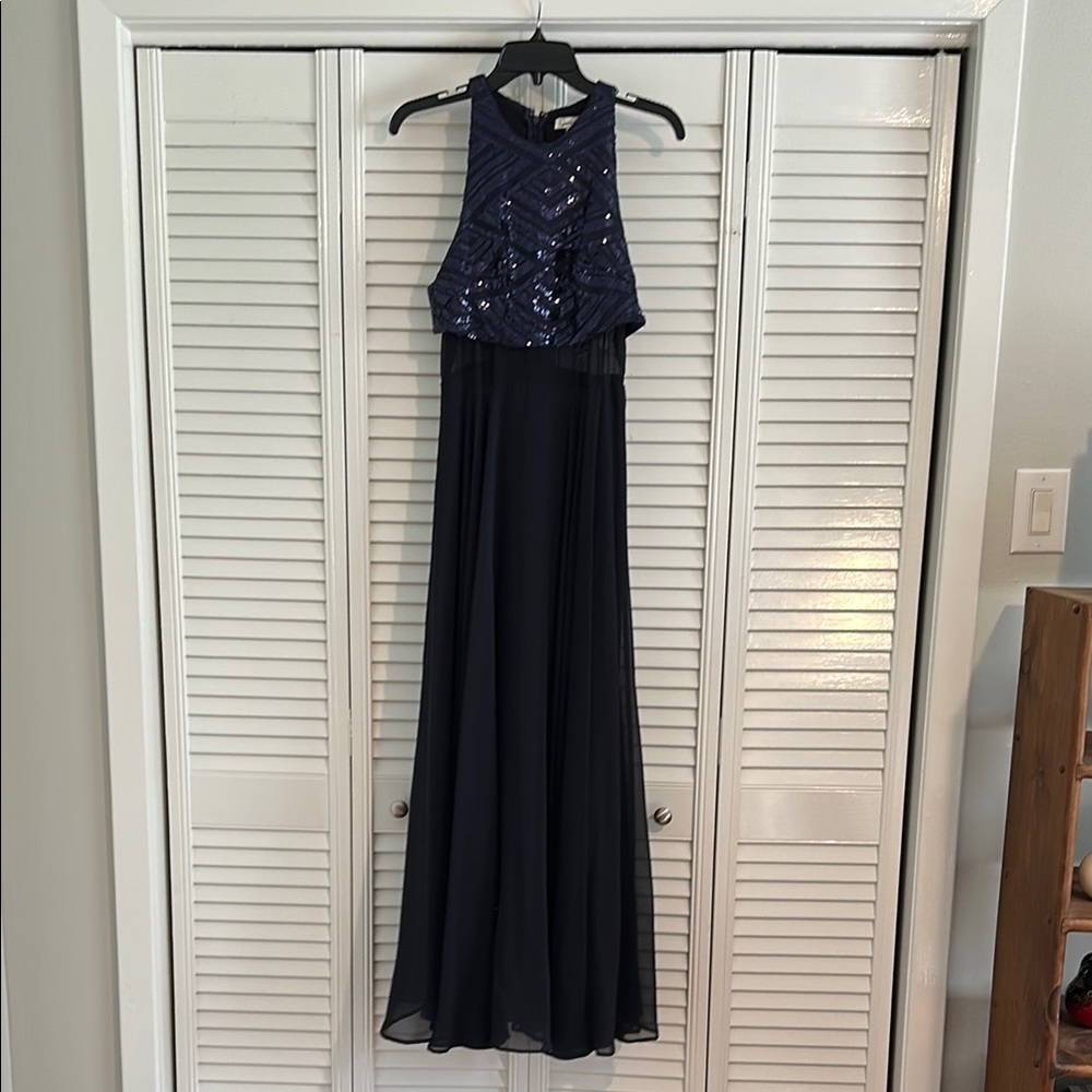 Navy Blue Sequin Halter Gown